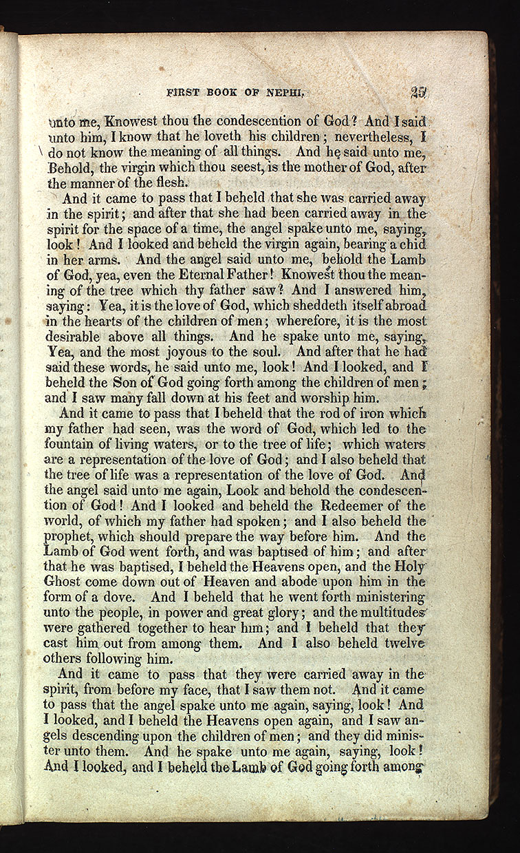 Page 25 of the 1830 first edition of the Book of Mormon, printed by E. B. Grandin in Palmyra, New York, showing the passage that became modern 1 Nephi 11. The original wording reads 'the mother of God' and 'the Lamb of God, yea, even the Eternal Father.'