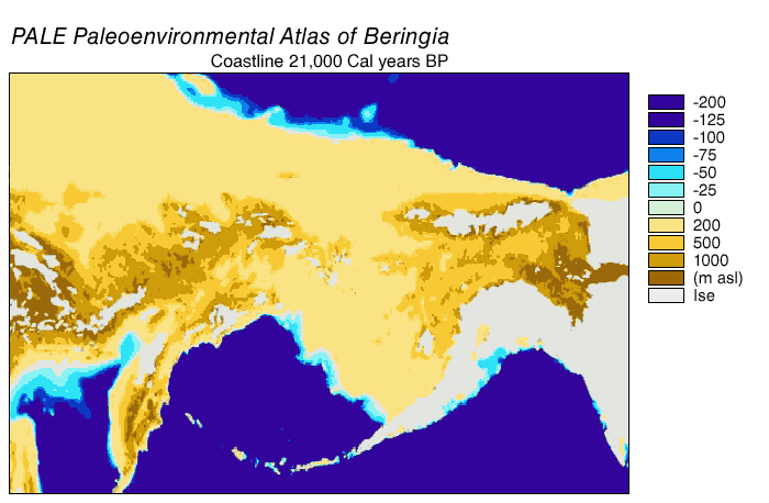 Animated NOAA paleoclimatology visualization showing the Bering land bridge between Siberia and Alaska across the Last Glacial Maximum, from 21,000 years before present to today, as sea level rises and Beringia is submerged.