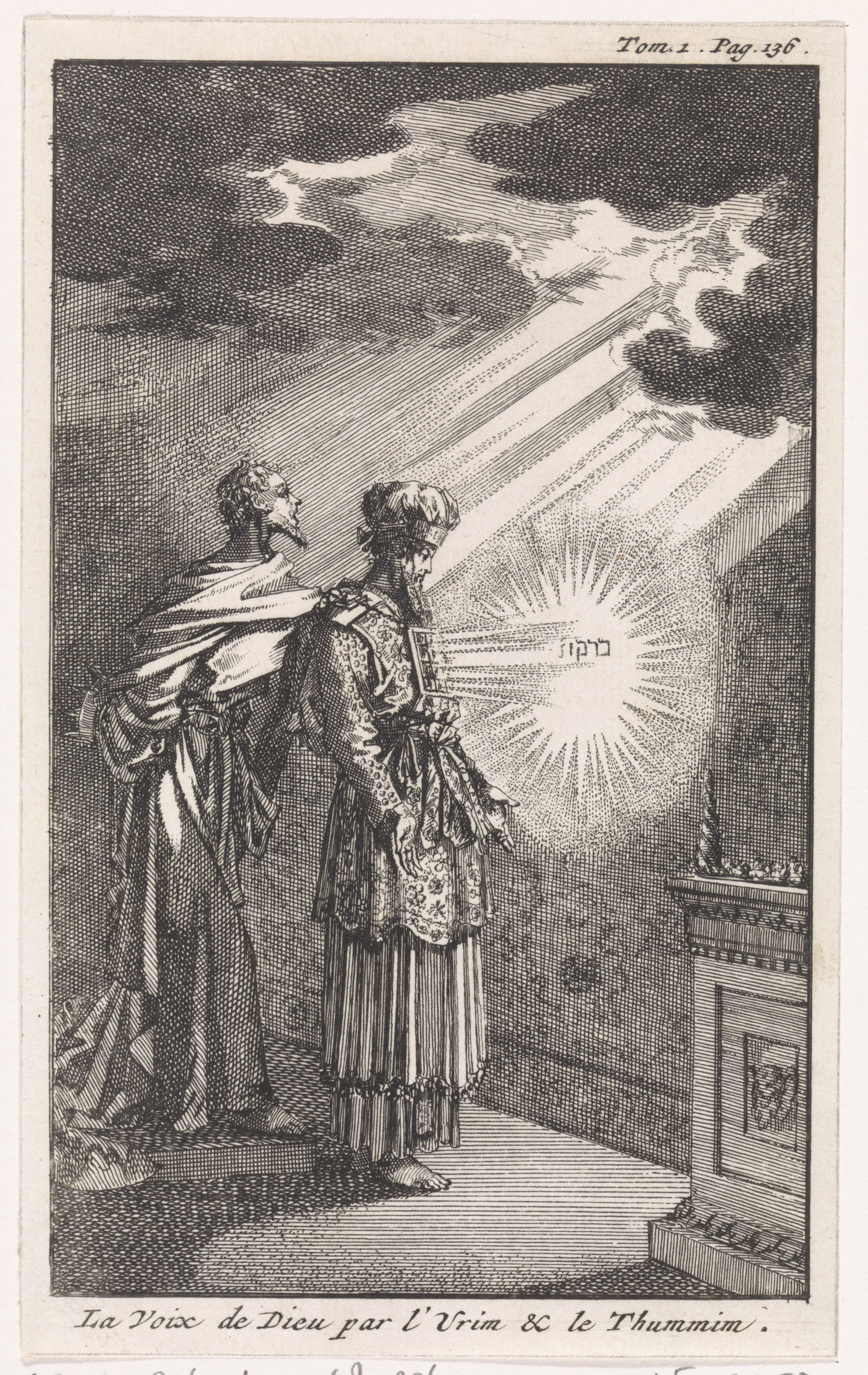 A 1705 engraving by Jan Luyken titled 'Godspraak door de Urim en de Thummim' / 'La Voix de Dieu par l'Urim et le Thummim' — the Hebrew high priest stands before an altar, hands raised, with rays of light descending from above and the breastplate stones blazing in response. Hebrew letters glow within the brilliance.