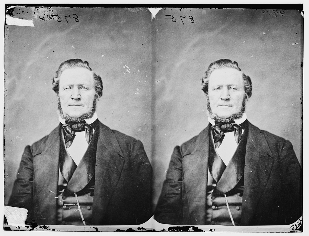 Brady-Handy studio portrait of Brigham Young, second President of The Church of Jesus Christ of Latter-day Saints, photographed from an earlier daguerreotype taken between 1855 and 1865.