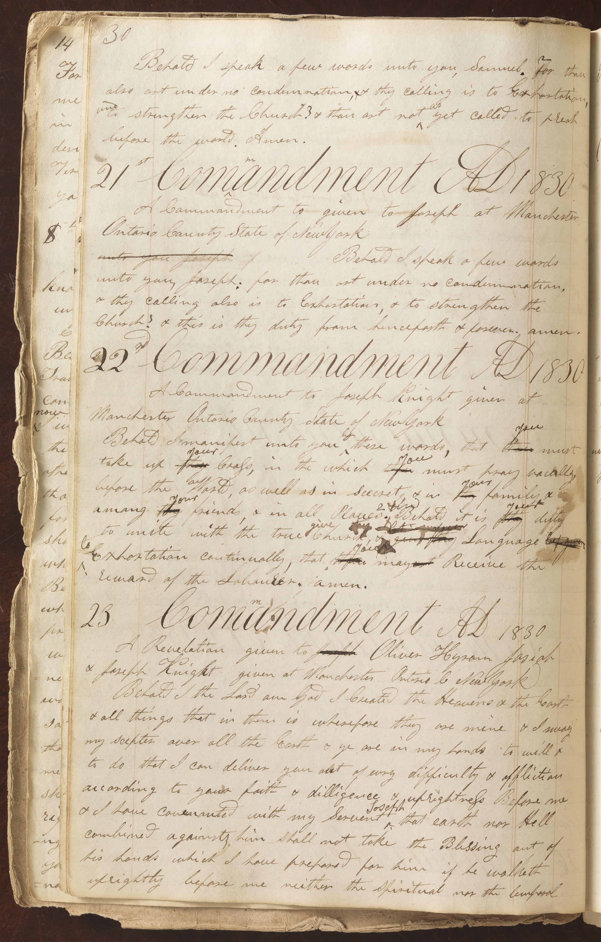 Page 30 of Revelation Book 1, John Whitmer's circa-March-1831 transcription of the Canadian copyright revelation, showing the 'if the people harden not their hearts' conditional clause in the operative grant.