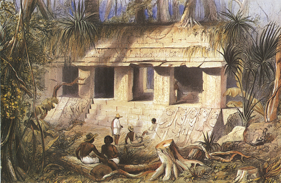 Frederick Catherwood's 1840 drawing of the courtyard at the Palace of Palenque, showing carved stone reliefs, columns, and ancient Maya architecture in Chiapas, Mexico.