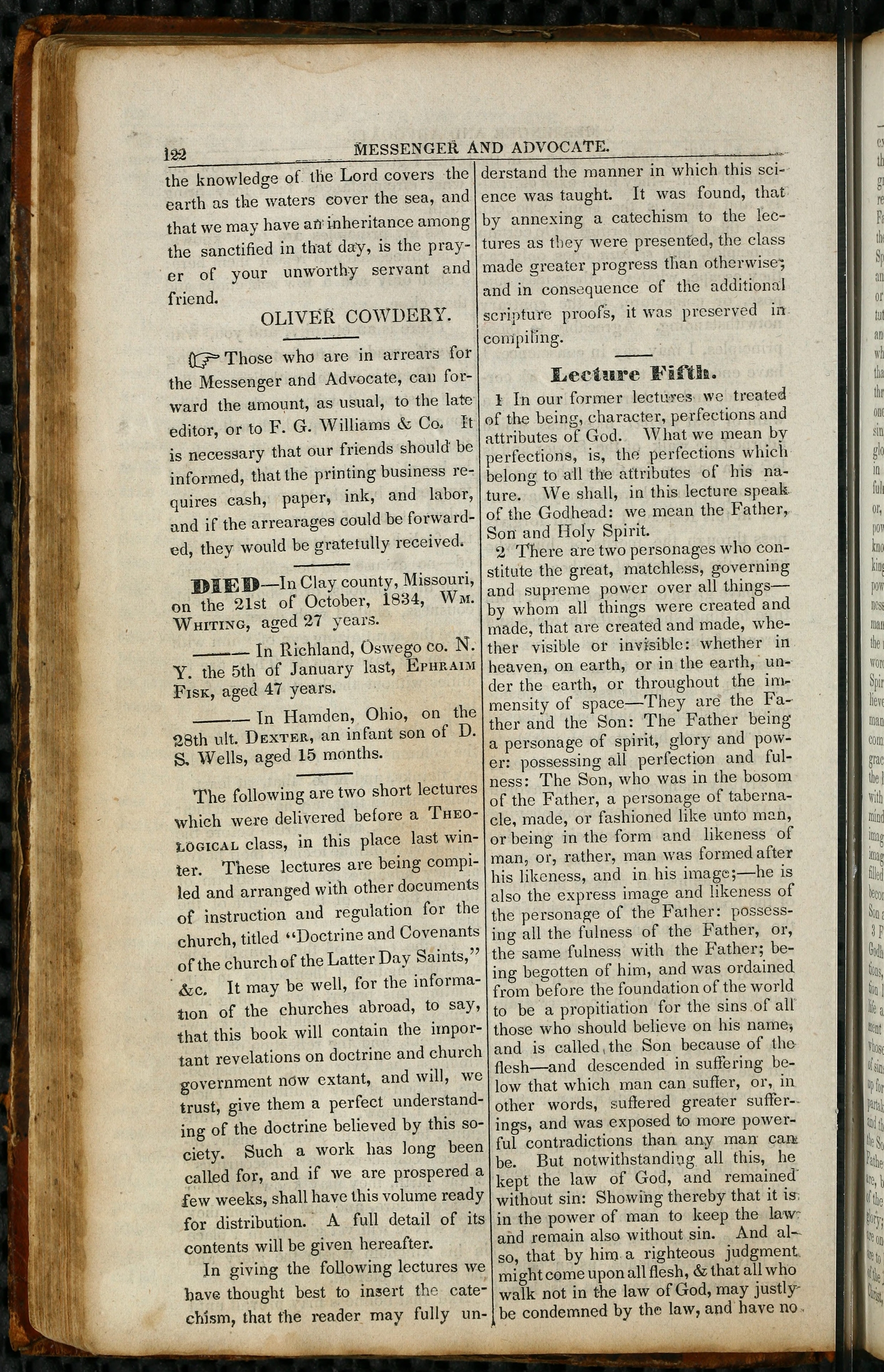 Page 122 of the May 1835 Latter Day Saints' Messenger and Advocate, printing the Fifth Theological Lecture on Faith — the primary publication of the 'personage of spirit' language describing the Father.