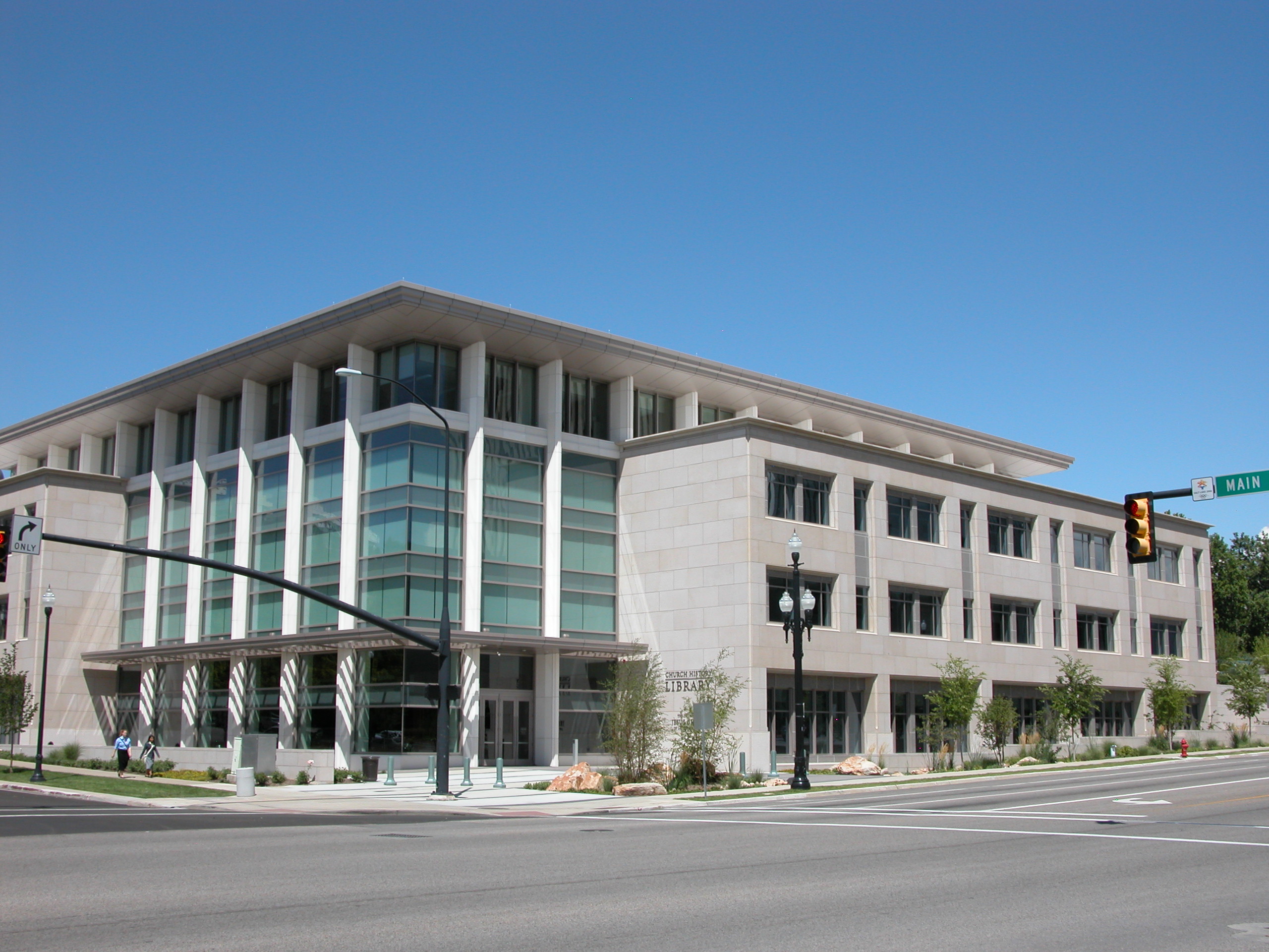 Exterior of the Church History Library on the northeast corner of Temple Square in Salt Lake City, photographed in July 2009 shortly after the public reading rooms opened on June 22, 2009.