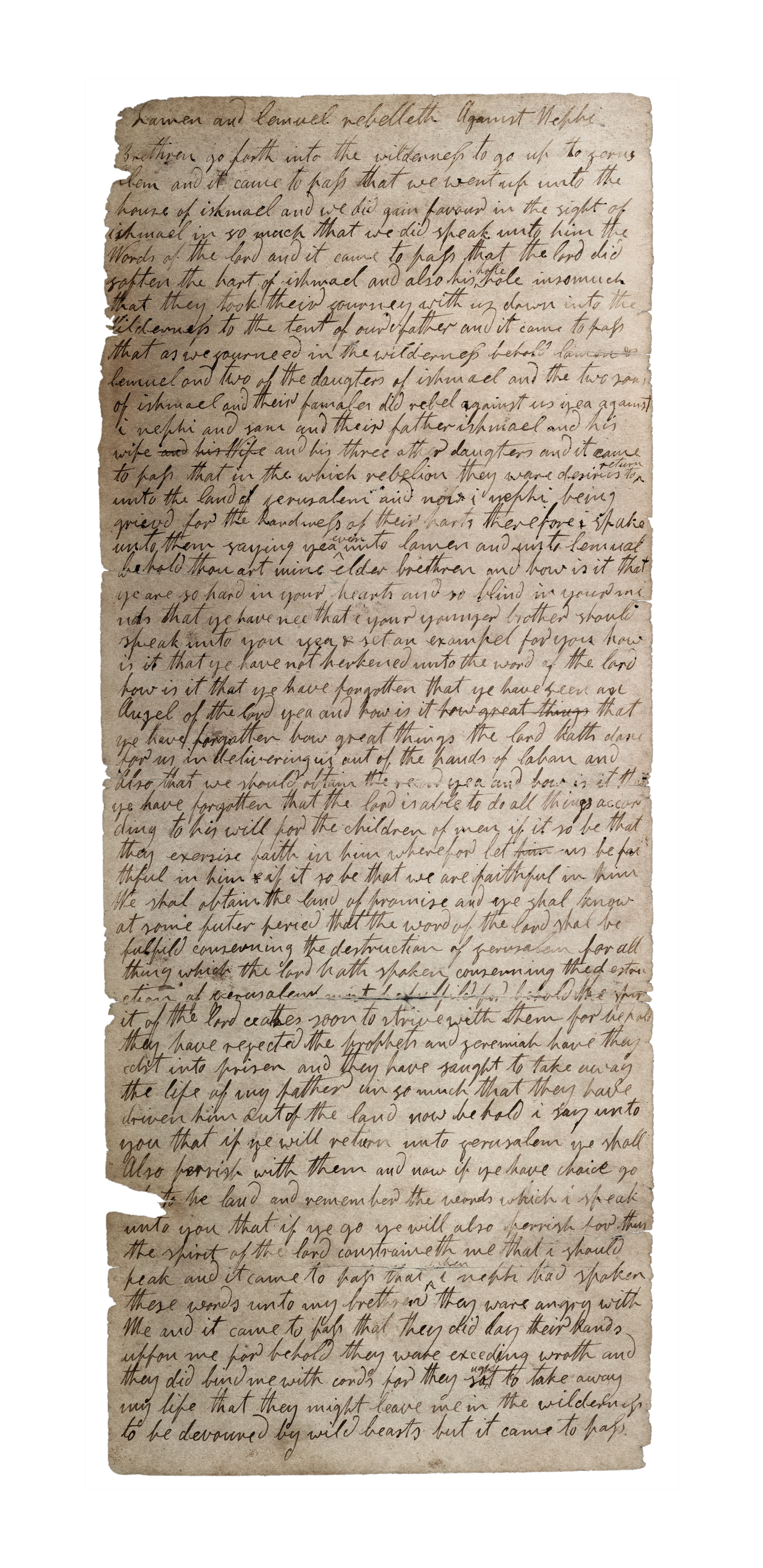 A page from the Original Manuscript of the Book of Mormon (circa 1828–1829), showing Oliver Cowdery's tightly spaced scribal hand recording dictation from Joseph Smith without substantive revisions.