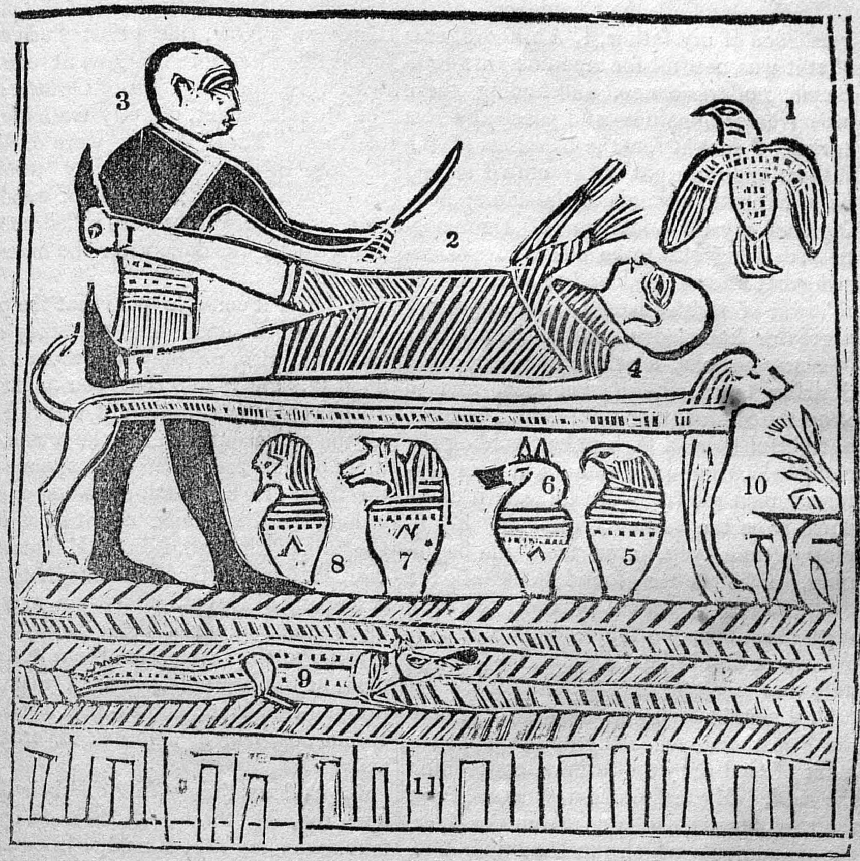 Facsimile 1 from the 1842 Times and Seasons. A lion-couch scene with twelve numbered figures: a bird (1), the figure on the couch (2), a standing attendant (3), the couch (4), four jars beneath (5-8), a crocodile (9), a libation table (10), columns (11), and water (12).