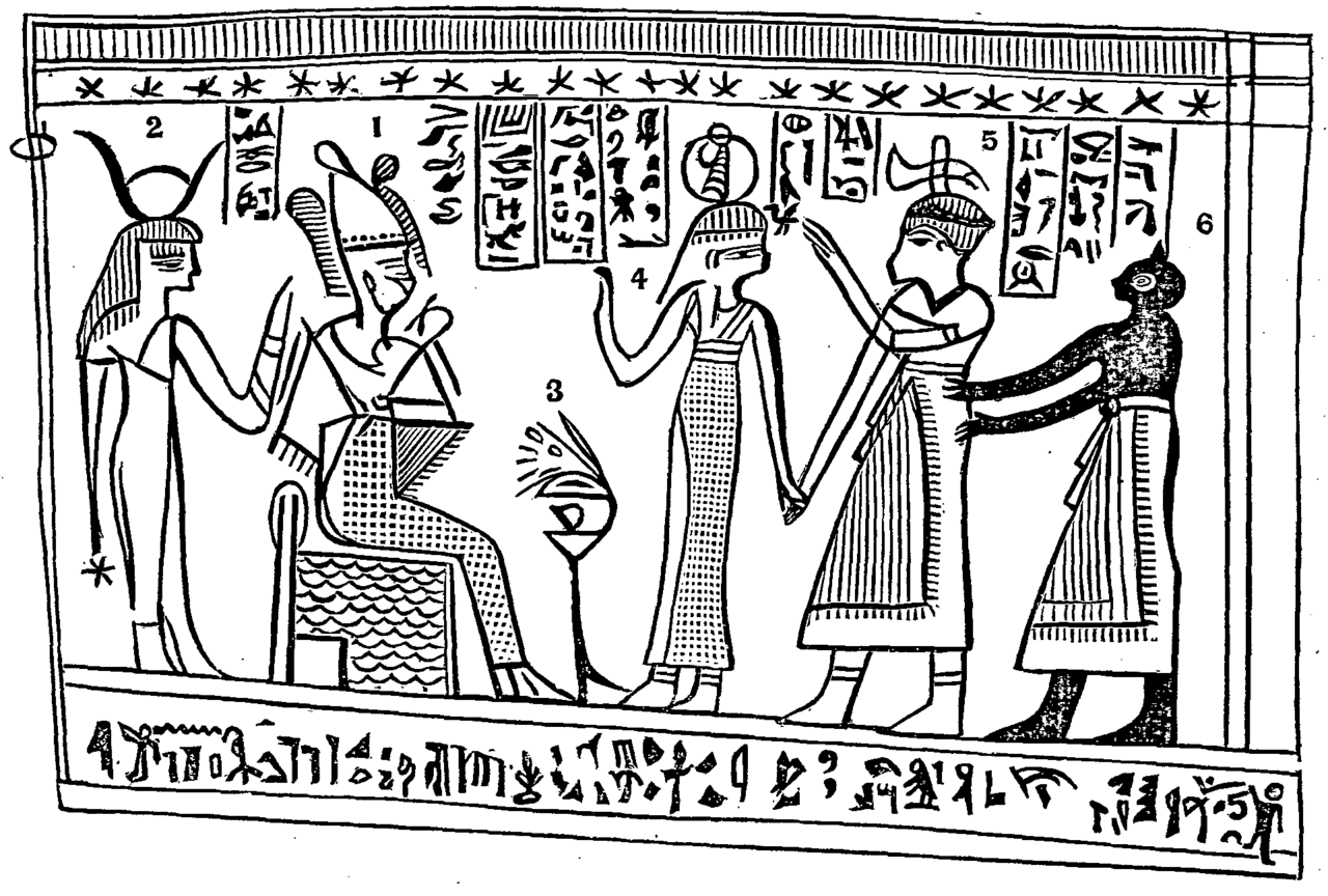Facsimile 3, the presentation scene. Six numbered figures: an enthroned figure (1), a standing female figure with horned crown (2), a libation table (3), a standing female figure (4), an approaching figure (5), and a darker-skinned attendant (6). Hieroglyphic labels appear above each figure, with a continuous hieroglyphic register beneath.