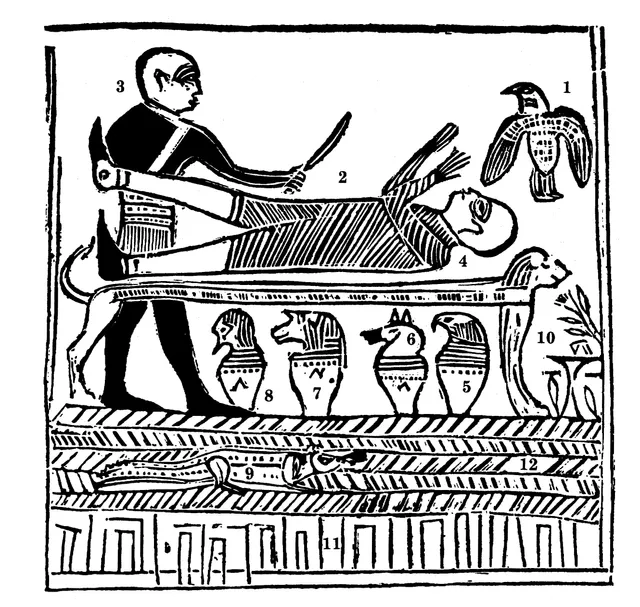 Facsimile 1 from the 1842 Times and Seasons. A lion-couch scene with twelve numbered figures: a bird (1), the figure on the couch (2), a standing attendant (3), the couch (4), four jars beneath (5-8), a crocodile (9), a libation table (10), columns (11), and water (12).