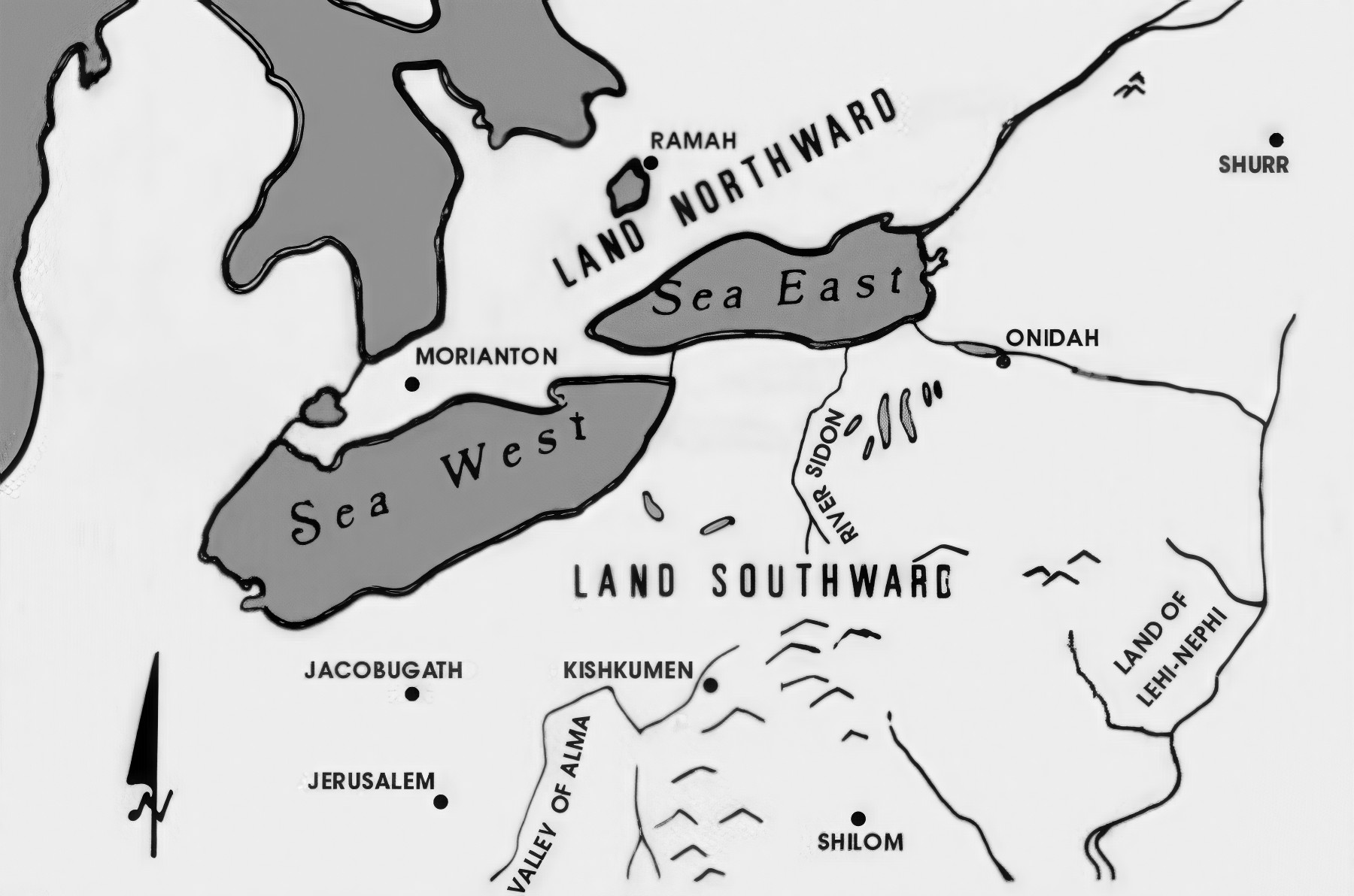 A map of upstate New York and Pennsylvania with loosely fitting Book of Mormon names inserted