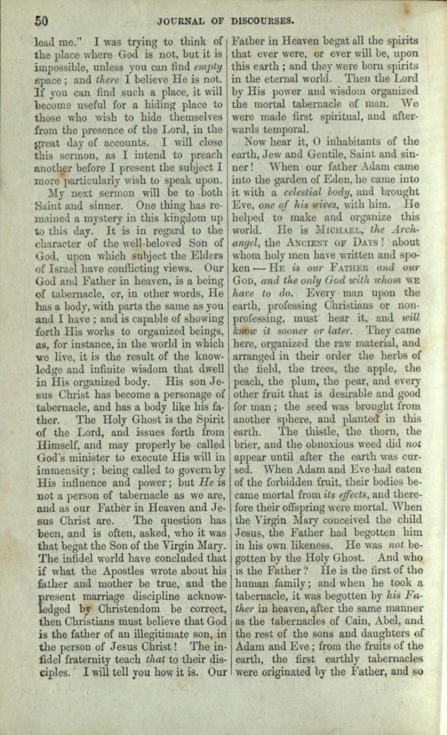 Scan of page 50 of Journal of Discourses Volume 1, showing the printed text of Brigham Young's April 9, 1852 Tabernacle sermon: the original publication of the 'He is our Father and our God, and the only God with whom we have to do' passage.