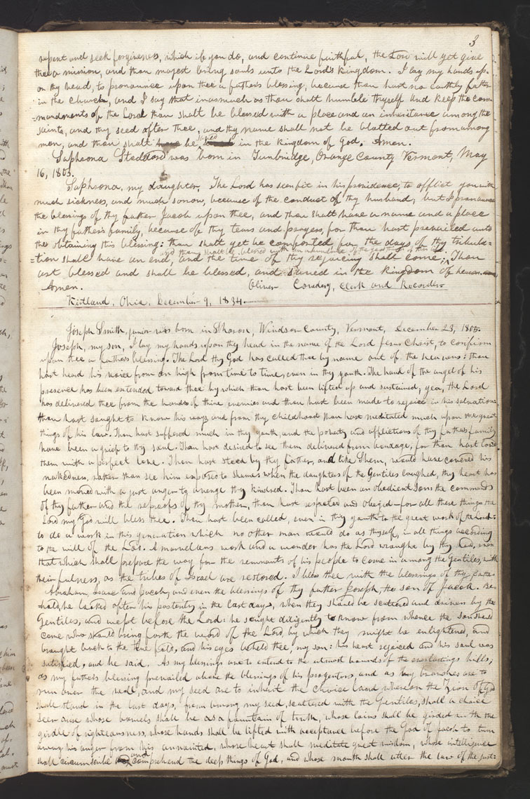 Manuscript page from Patriarchal Blessing Book 1 in Oliver Cowdery's hand, recording Joseph Smith Sr.'s December 9, 1834 patriarchal blessing to Joseph Smith Jr., containing the phrase 'thou hast heard his voice from on high from time to time, even in thy youth.'