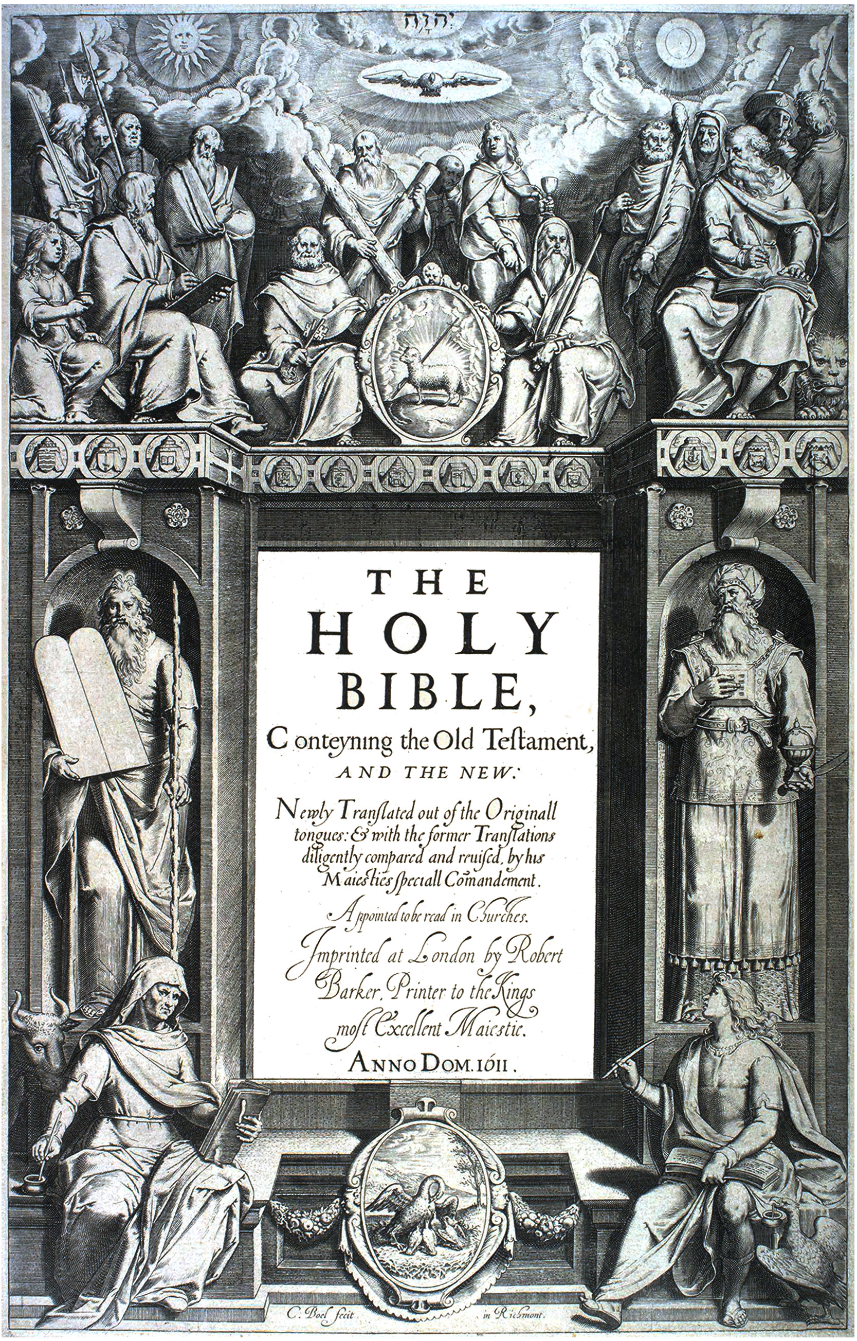 Frontispiece of the 1611 first edition of the King James Bible, engraved by Cornelis Boel, showing the Twelve Apostles, Moses and Aaron flanking the central title text, and the Four Evangelists in the corners with their symbolic animals beneath the Tetragrammaton.