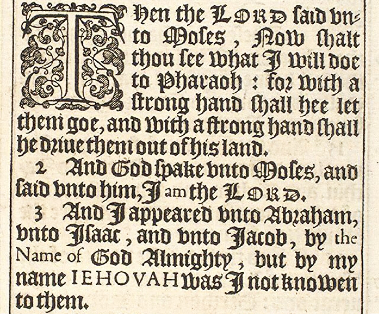 Exodus 6:1-3 from the 1611 King James Bible, showing the typographic convention where translator-supplied words appear in smaller roman type within the black-letter main text