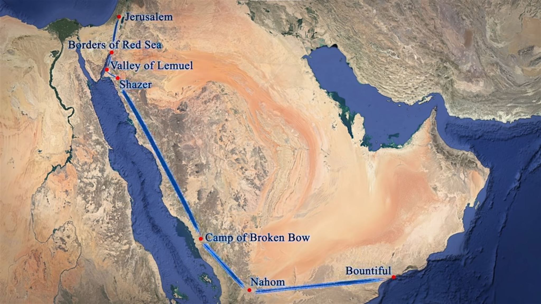 Satellite-imagery map of Lehi's route across the Arabian Peninsula with seven labeled waypoints: Jerusalem, Borders of Red Sea, Valley of Lemuel, Shazer, Camp of Broken Bow, Nahom, and Bountiful. The route runs south along the Red Sea coast and turns eastward at Nahom to reach Bountiful on the Arabian Sea coast.
