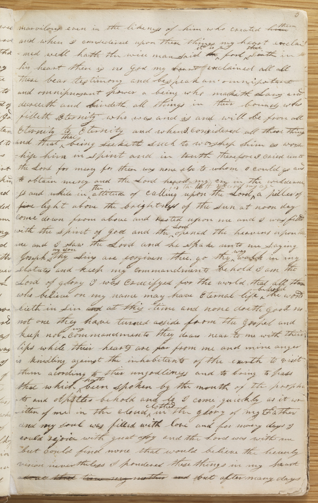 Page 3 of the 1832 history manuscript in Joseph Smith Letterbook 1, showing Joseph Smith's autograph First Vision passage with Frederick G. Williams's interlinear insertions and the fire-to-light correction.