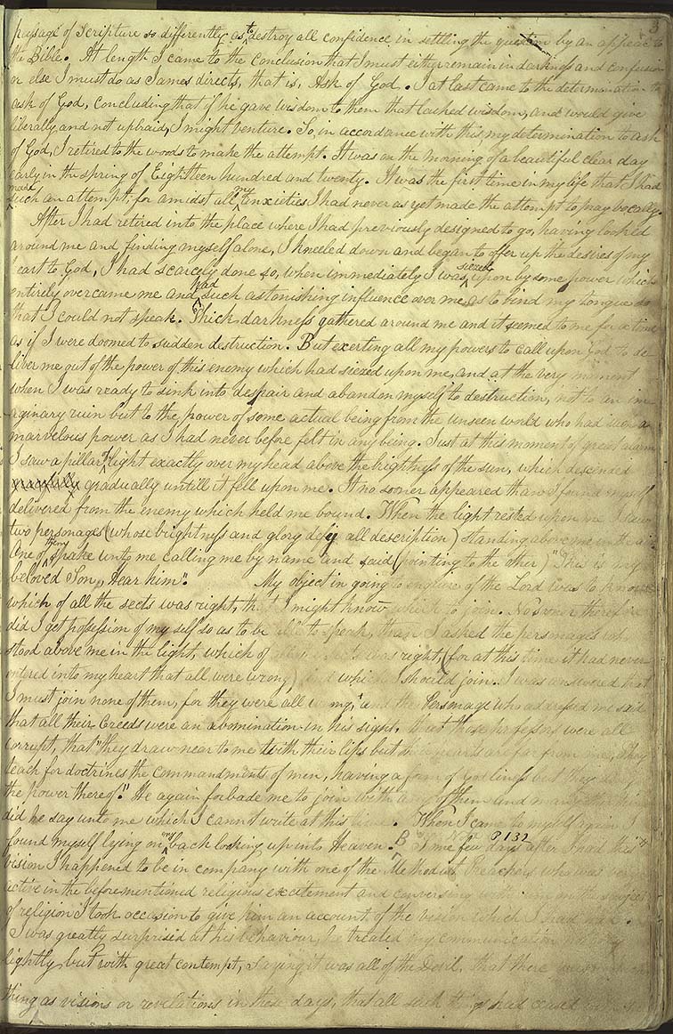 Page 3 of Volume A-1 of the 1838–1856 manuscript history, showing James Mulholland's transcription of the canonical First Vision narrative dictated by Joseph Smith.