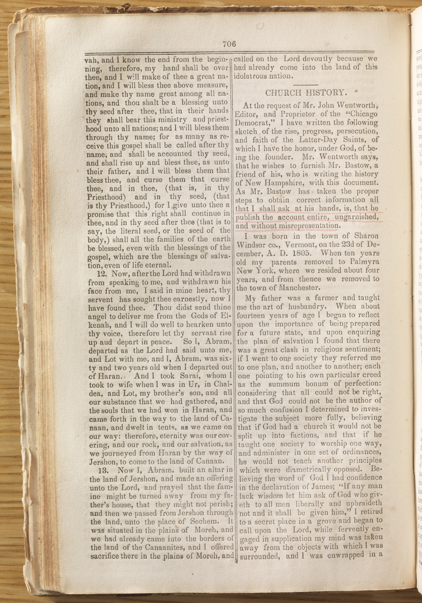Page 706 of Times and Seasons, March 1, 1842, carrying Joseph Smith's 'Church History' (the Wentworth Letter), which includes the most concise of the four firsthand First Vision narratives.