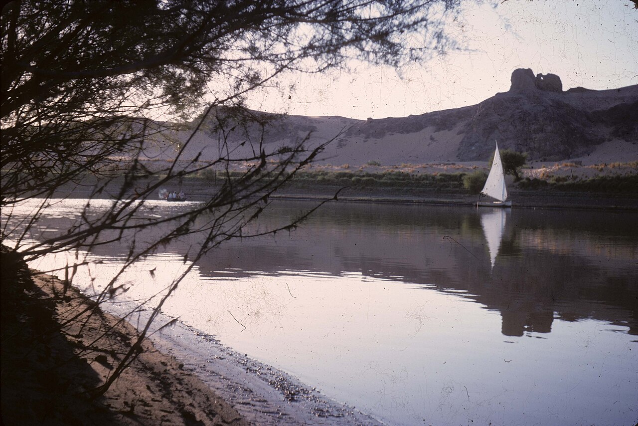 Aerial-style photograph of the ancient Egyptian fortress of Mirgissa in northern Sudan (Wadi Halfa territory), photographed in April 1964 before the site was flooded by the Aswan High Dam reservoir.