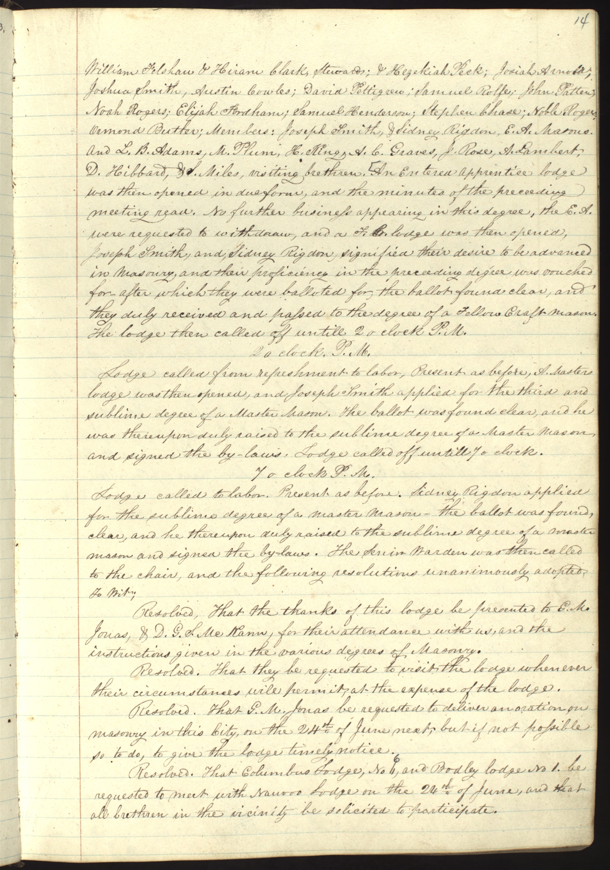 Manuscript page from the Nauvoo Masonic Lodge Minute Book copied by William Clayton circa May 1842, recording the lodge proceedings of March 15-16, 1842, in which Joseph Smith and Sidney Rigdon were received as Entered Apprentices and Fellow Crafts and raised to the sublime degree of Master Mason.