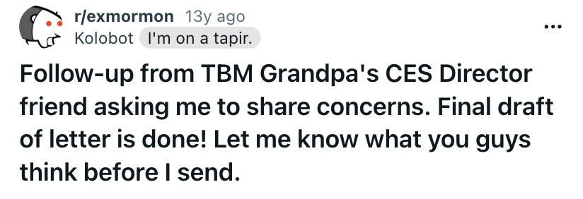 Reddit post by Kolobot on r/exmormon, April 12, 2013