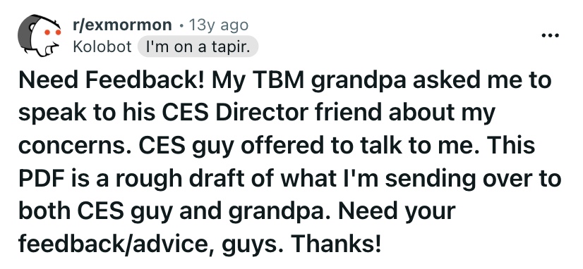 Reddit post by Kolobot on r/exmormon, March 26, 2013