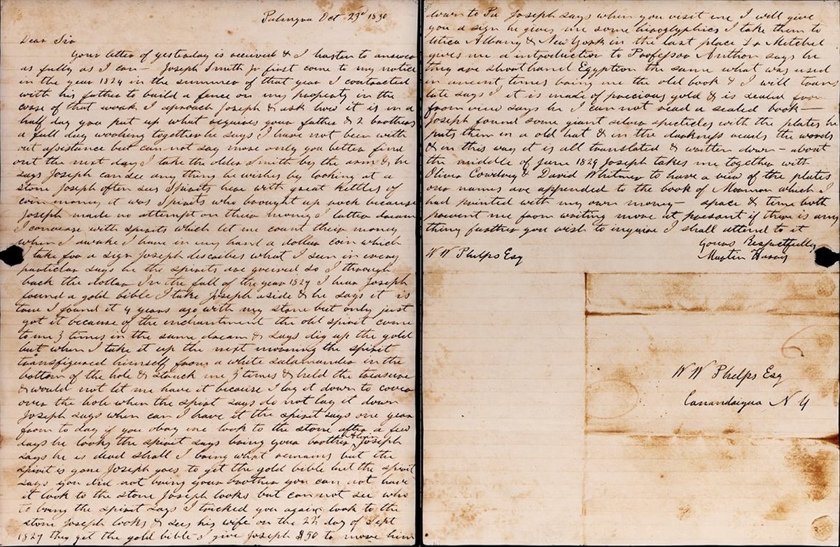 A reproduction of the two pages of the forged Salamander Letter, presented side by side as a single composite image. The handwriting is dense cursive script across both pages, purporting to be a January 1830 letter from Martin Harris to W. W. Phelps describing the Book of Mormon's recovery in folk-magic terms — including the white-salamander framing — that Mark Hofmann fabricated in 1984.