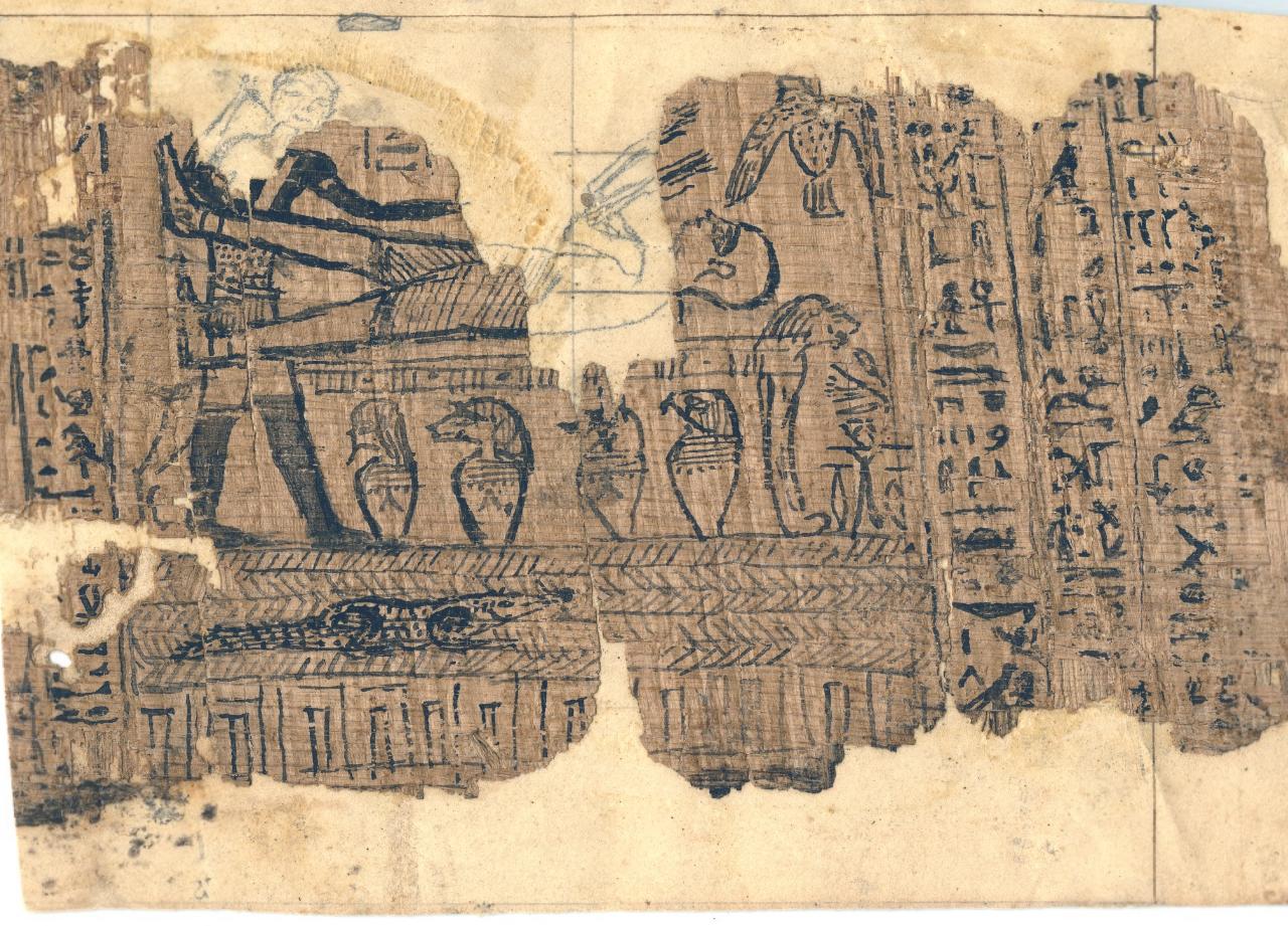 Joseph Smith Papyrus I — a fragmentary Egyptian papyrus showing a reclining figure on a lion-headed couch, with a bird hovering above and figures and hieroglyphs surrounding the central scene; the right edge is torn and large portions of the original sheet are missing.
