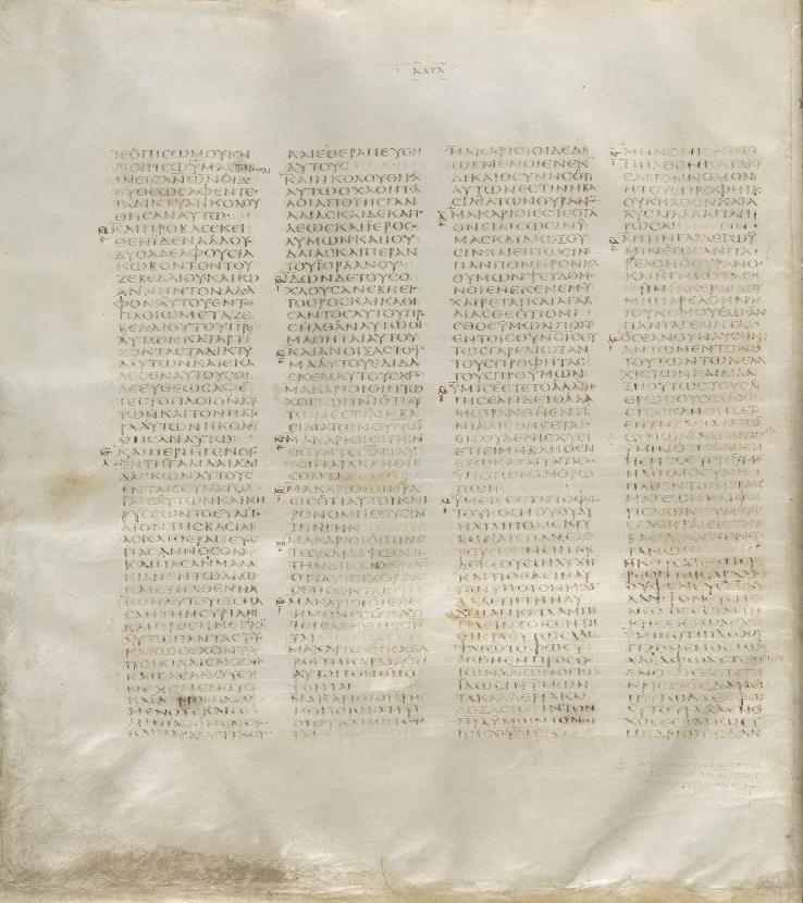 Page from Codex Sinaiticus (4th century AD) containing Matthew 4:19-5:22 in Greek uncial script; the manuscript's text of Matthew 5:22 lacks 'without a cause,' matching 3 Nephi 12:22 against the KJV