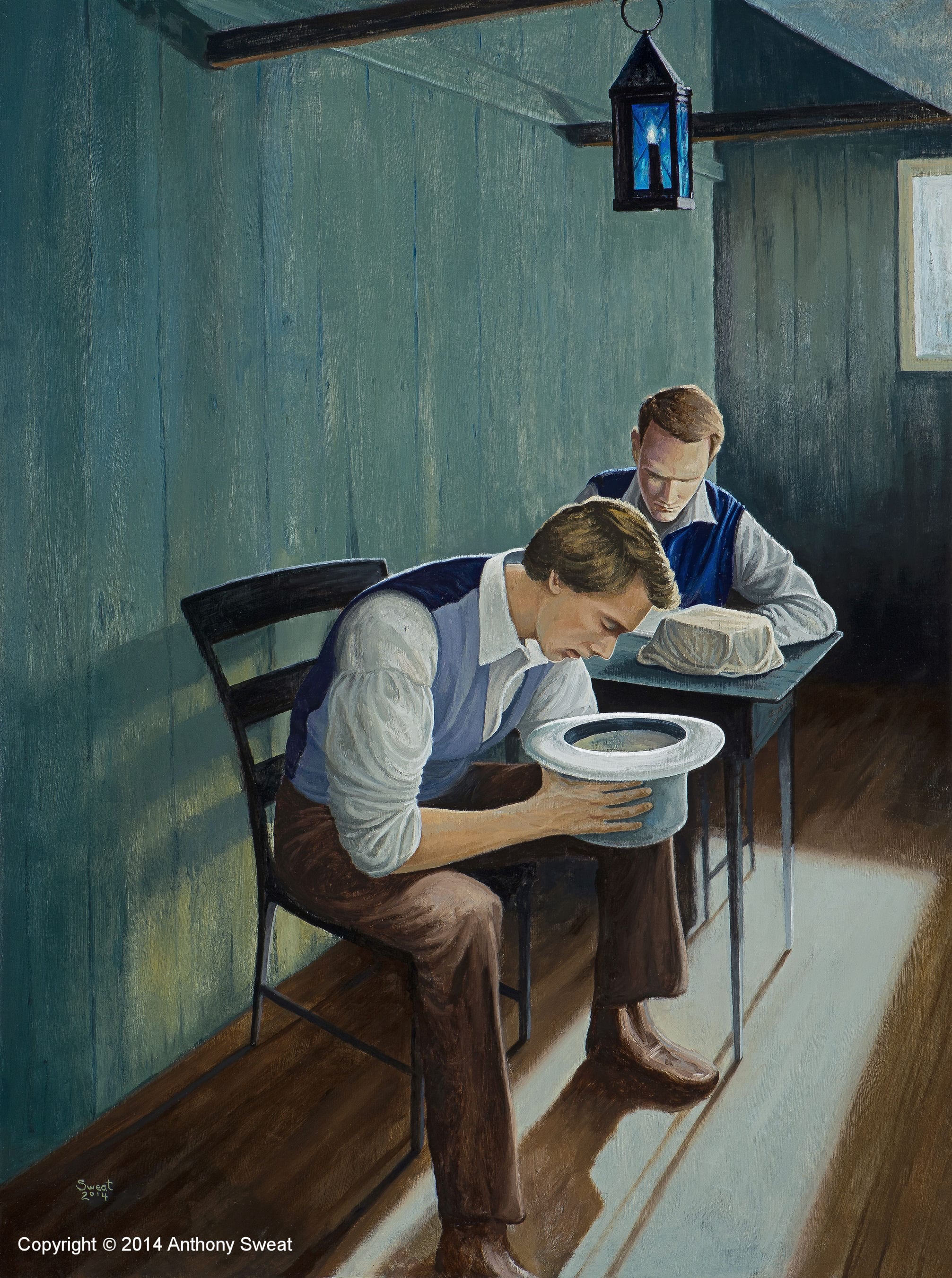 Painting of Joseph Smith translating the Book of Mormon with his face buried in a hat that conceals a seer stone, while Oliver Cowdery writes at a nearby table. The plates rest covered on the table. Light enters through a window behind them. A historically accurate depiction of the documented translation method.