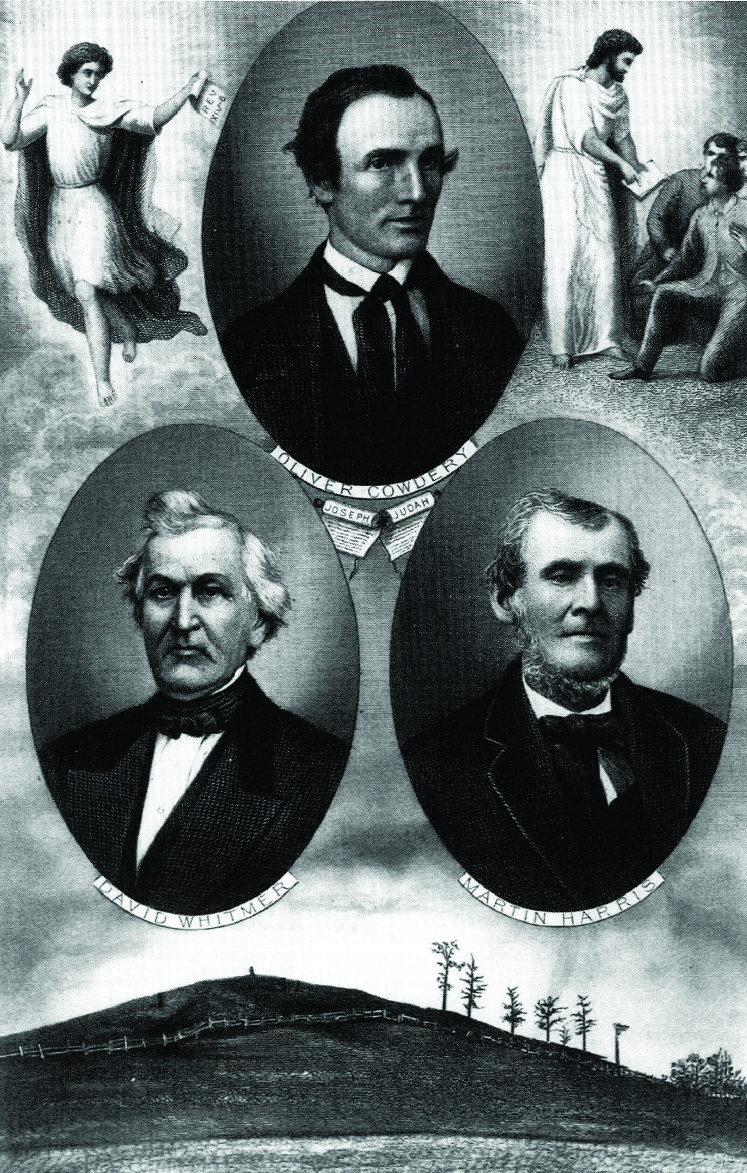 1883 engraving depicting the Three Witnesses — Oliver Cowdery, David Whitmer, and Martin Harris — by Edward L. Hart, published as the frontispiece of The Contributor.