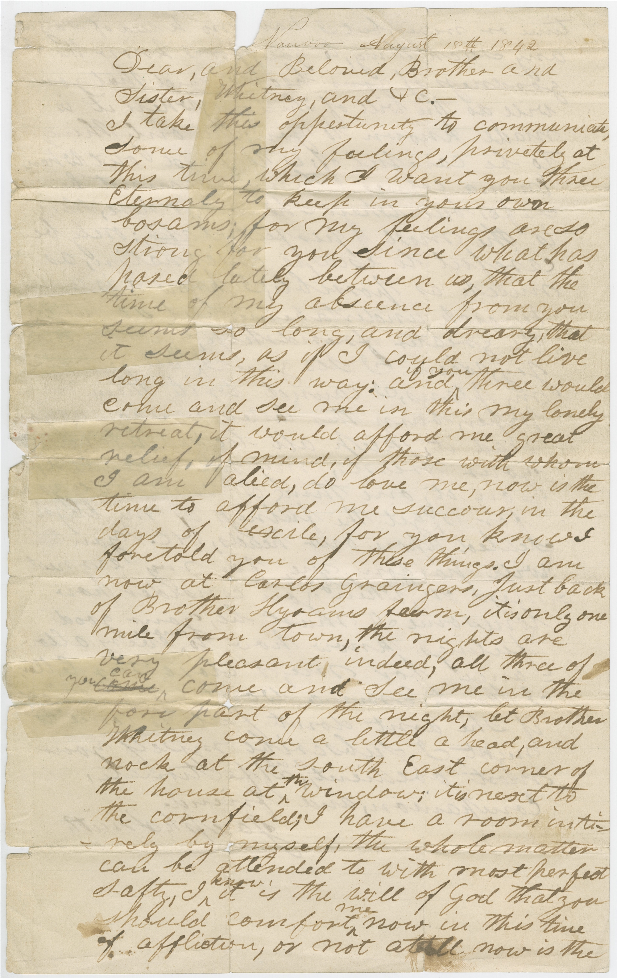 Autograph manuscript of Joseph Smith's August 18, 1842 letter to Newel K., Elizabeth Ann, and Sarah Ann Whitney.